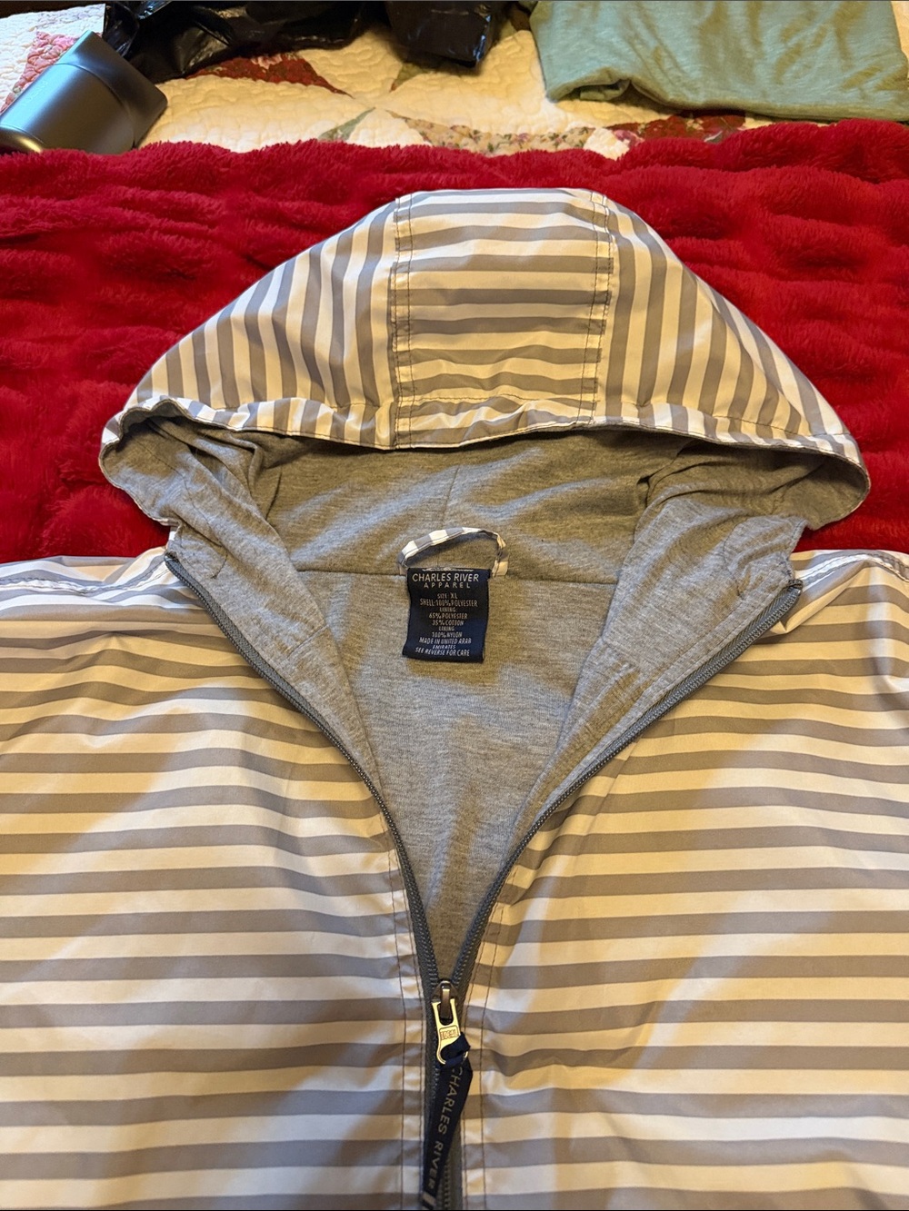 Charles River Apparel Gray and White Striped Hooded Utility Jacket - Picture 5 of 7